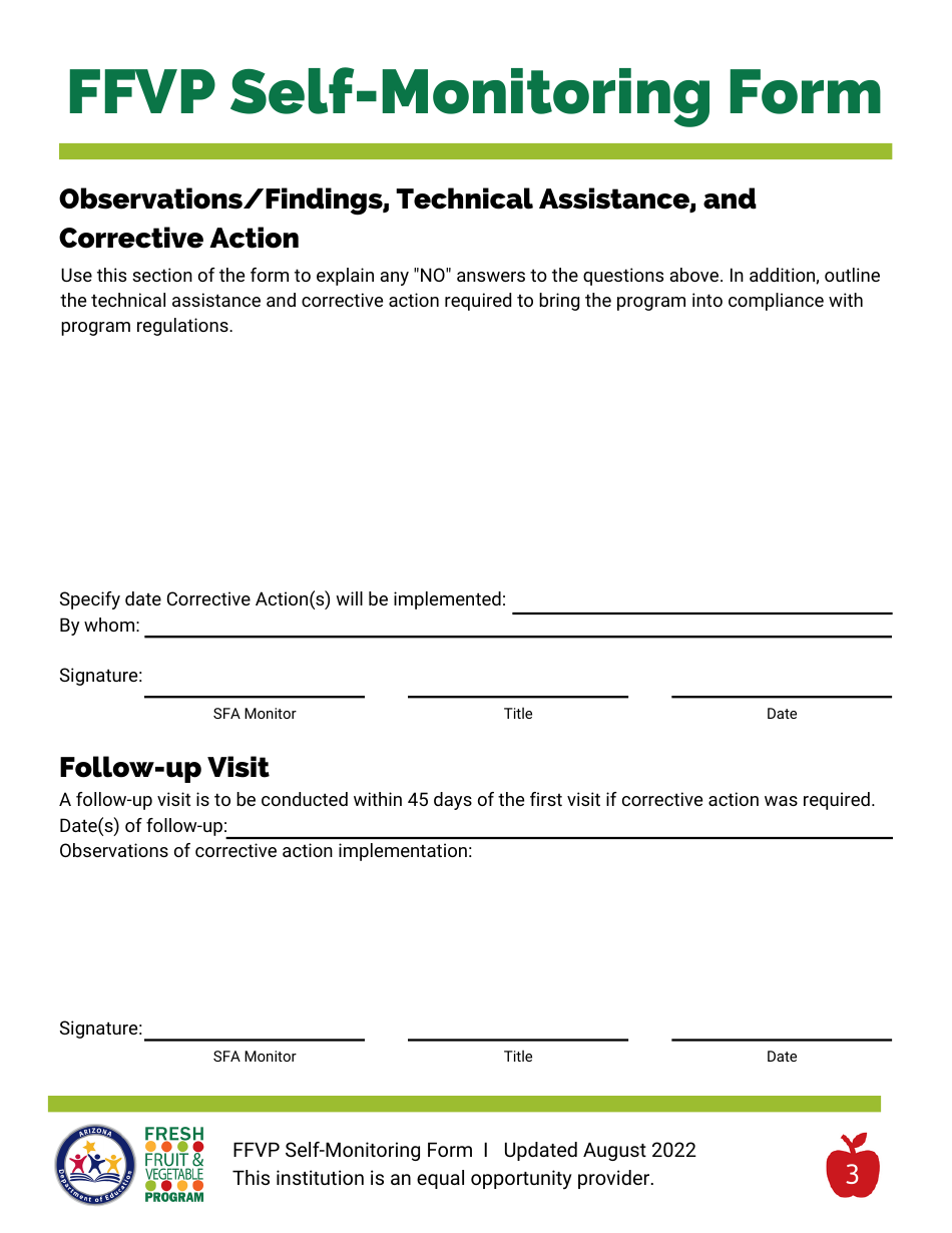 Ffvp Self-monitoring Form - Arizona, Page 3