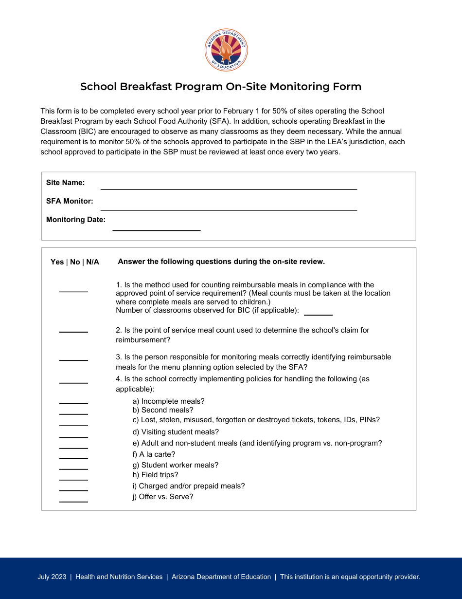 School Breakfast Program on-Site Monitoring Form - Arizona, Page 1