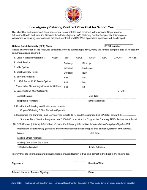 Inter-Agency Catering Contract Checklist - Arizona