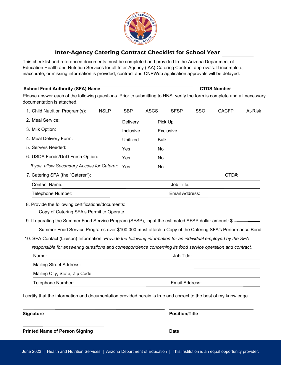 Inter-Agency Catering Contract Checklist - Arizona, Page 1