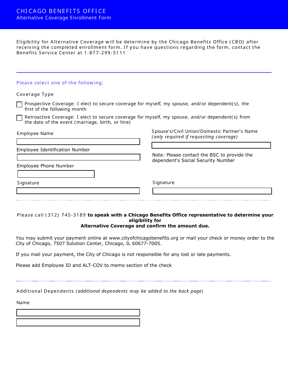 Alternative Coverage Enrollment Form - City of Chicago, Illinois, Page 1