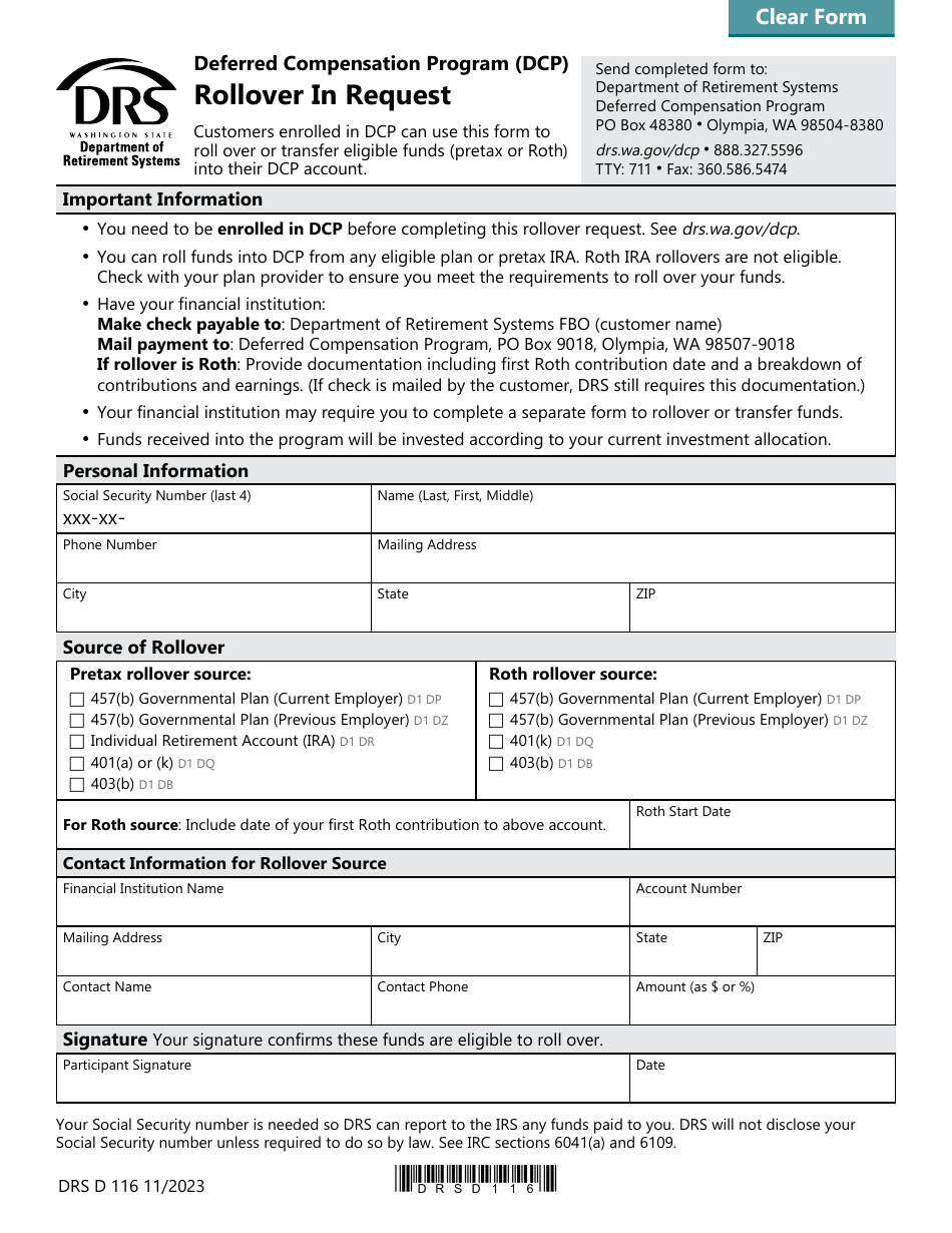Form DRS D116 Rollover in Request - Deferred Compensation Program (Dcp) - Washington, Page 1