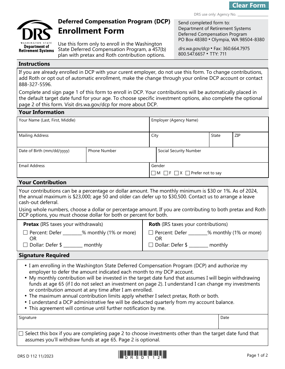 Form DRS D1112 Enrollment Form - Deferred Compensation Program (Dcp) - Washington, Page 1