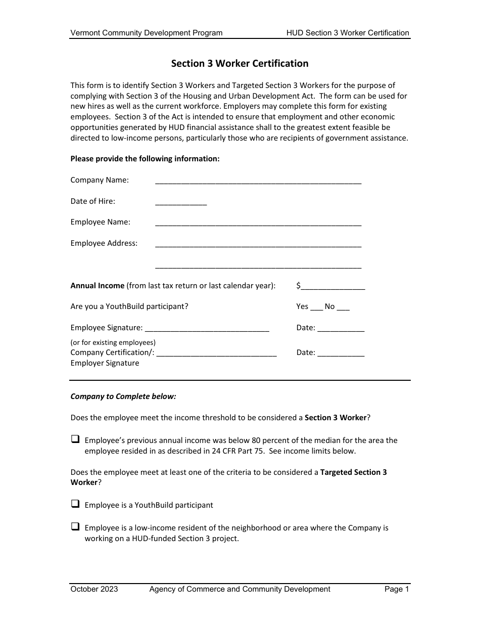 2023 Vermont Hud Section 3 Worker Certification Fill Out, Sign Online
