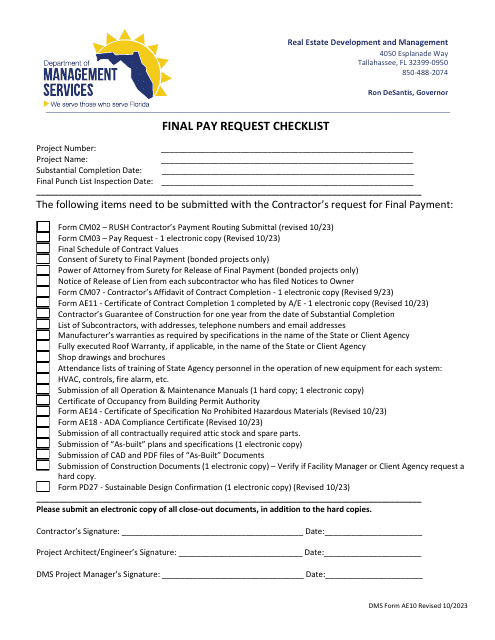 DMS Form AE10 Final Pay Request Checklist - Florida