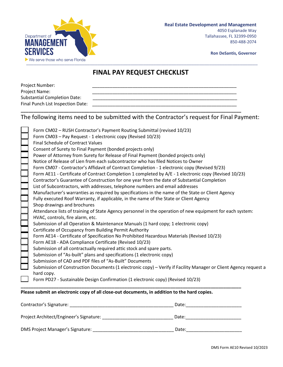 DMS Form AE10 Final Pay Request Checklist - Florida, Page 1