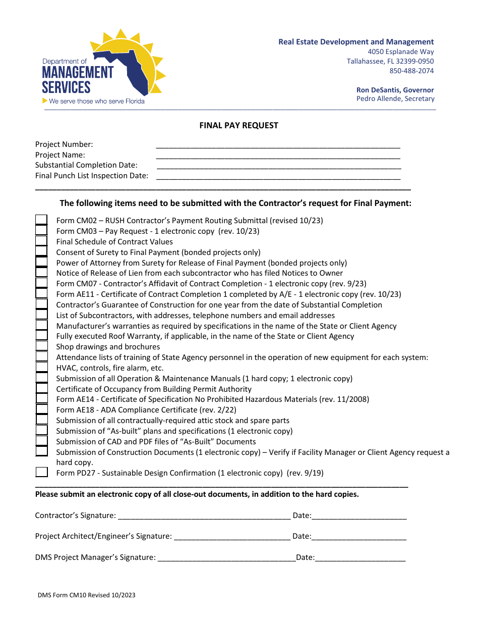 DMS Form CM10 Final Pay Request - Florida, Page 1