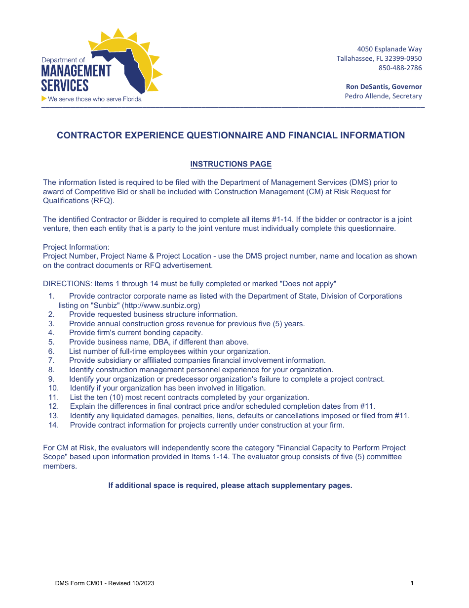 DMS Form CM01 Contractor Experience Questionnaire and Financial Information - Florida, Page 1