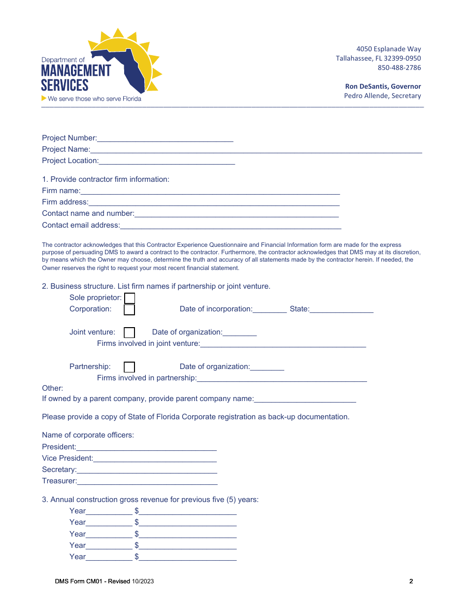 DMS Form CM01 Contractor Experience Questionnaire and Financial Information - Florida, Page 2