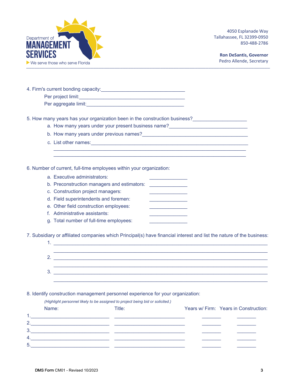 DMS Form CM01 Contractor Experience Questionnaire and Financial Information - Florida, Page 3