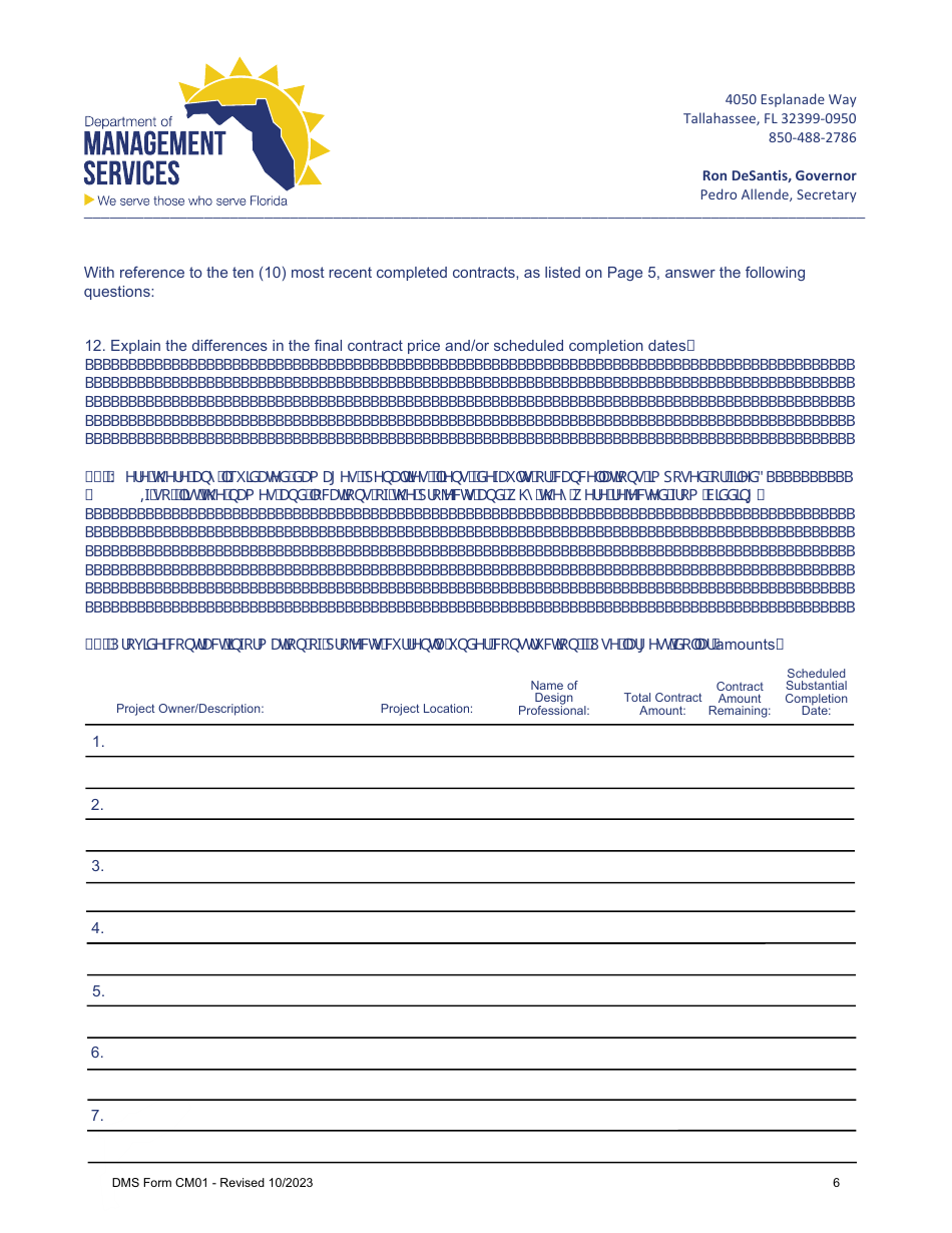 DMS Form CM01 Contractor Experience Questionnaire and Financial Information - Florida, Page 6