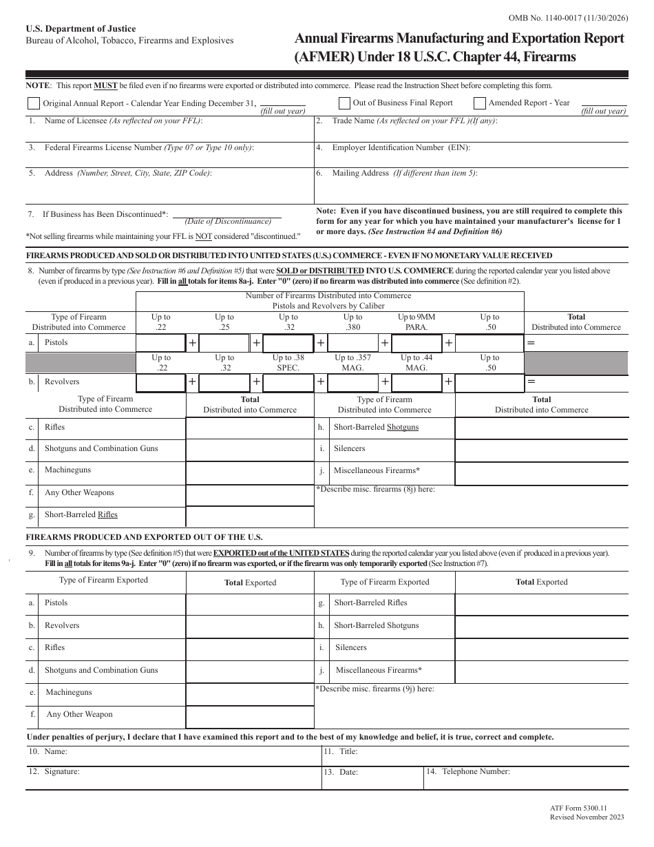 ATF Form 5300.11 Annual Firearms Manufacturing and Exportation Report (Afmer) Under 18 U.s.c. Chapter 44, Firearms, Page 1
