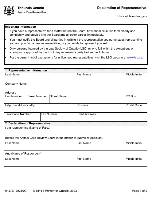 Form 0427E Declaration of Representative - Ontario, Canada