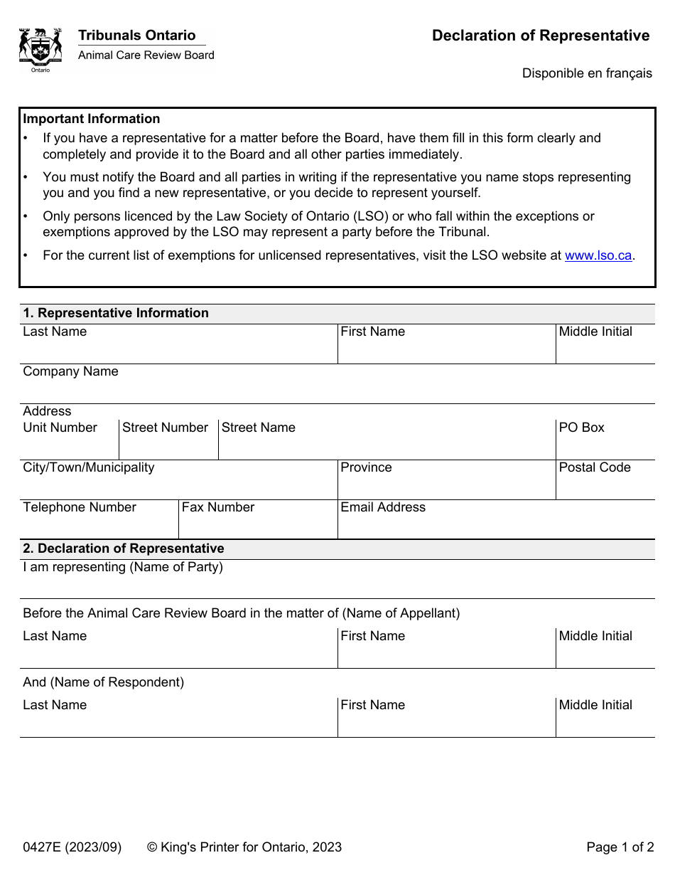 Form 0427E Declaration of Representative - Ontario, Canada, Page 1