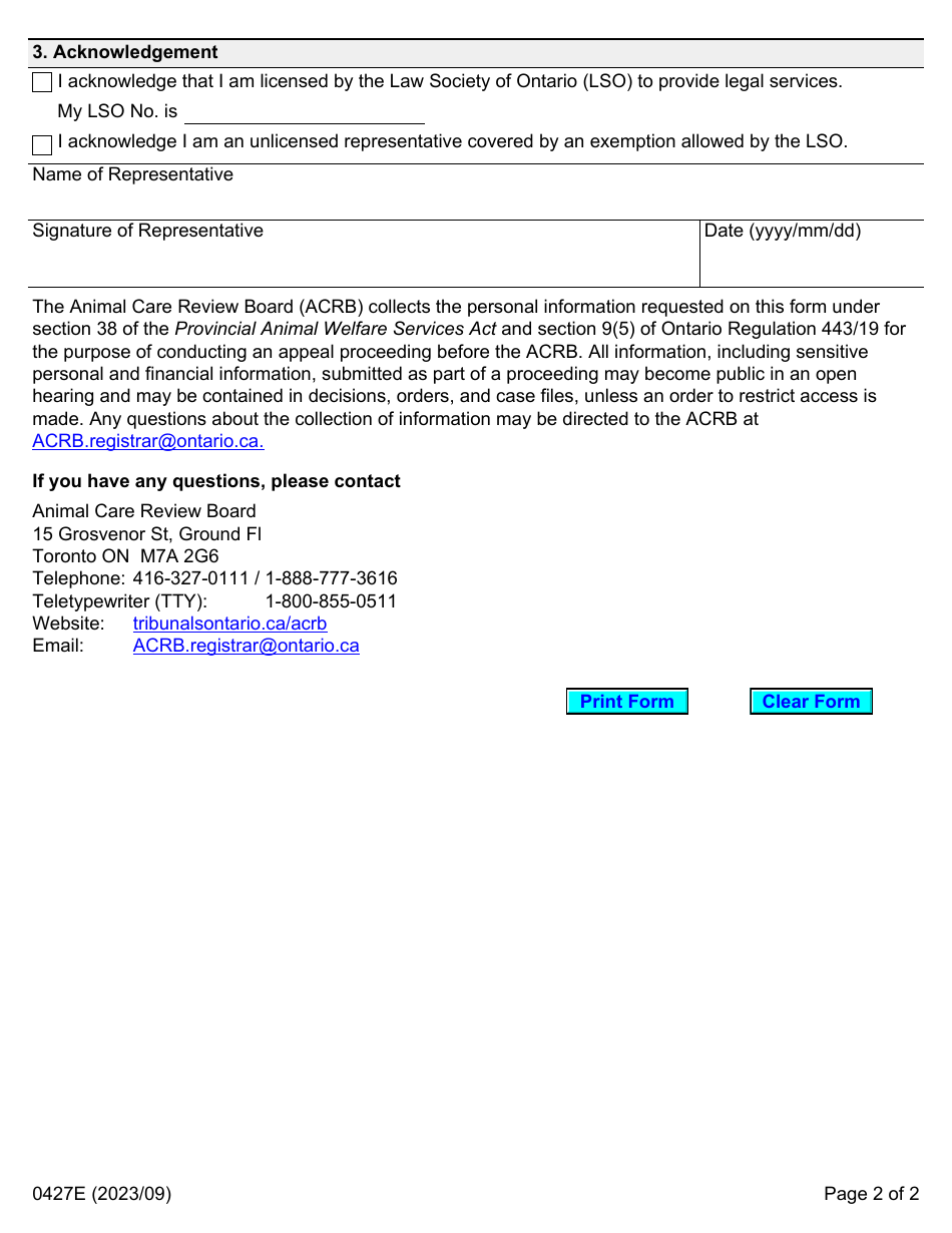 Form 0427E Declaration of Representative - Ontario, Canada, Page 2