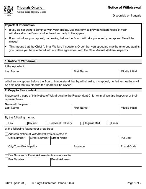 Form 0425E Notice of Withdrawal - Ontario, Canada