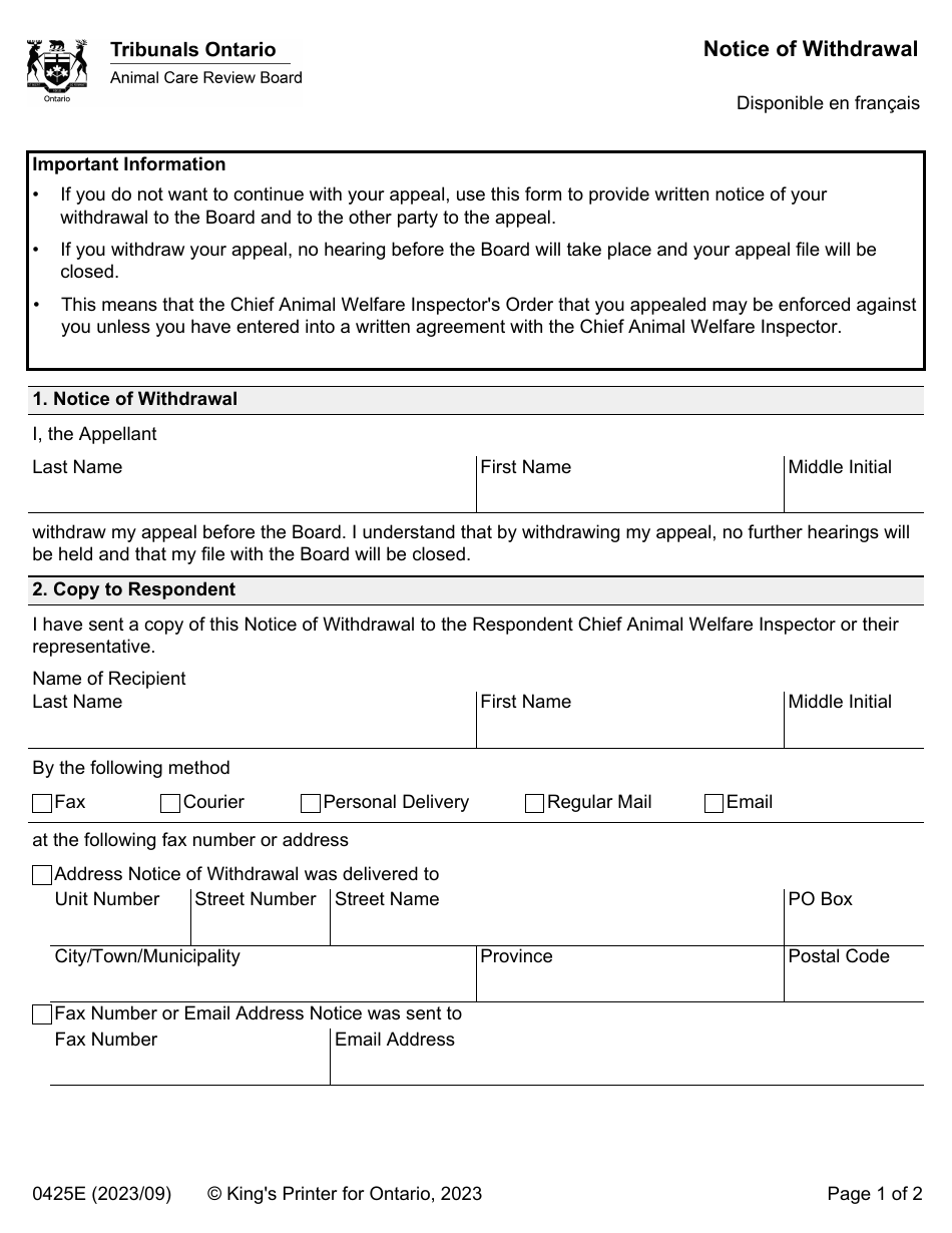 Form 0425E Notice of Withdrawal - Ontario, Canada, Page 1
