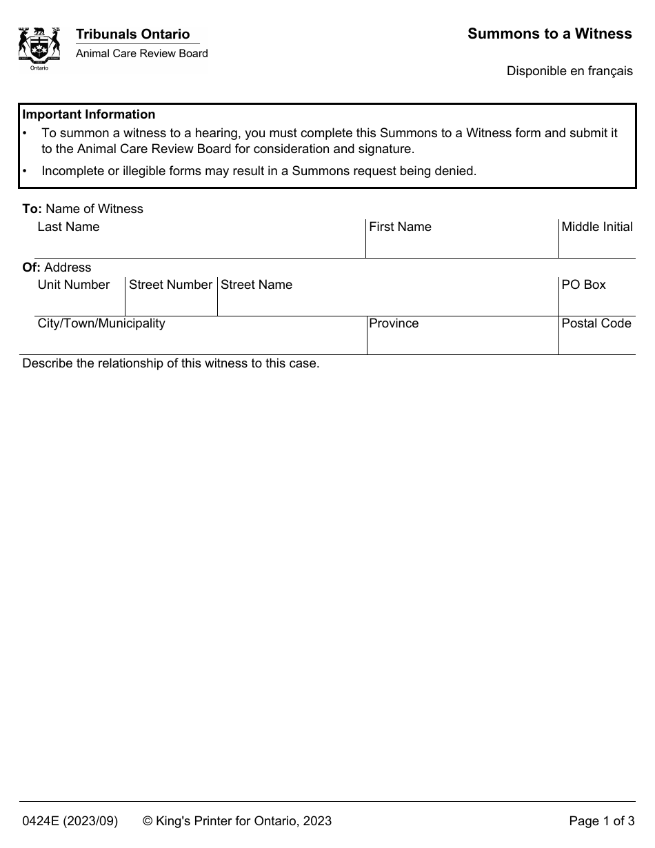 Form 0424E Summons to a Witness - Ontario, Canada, Page 1