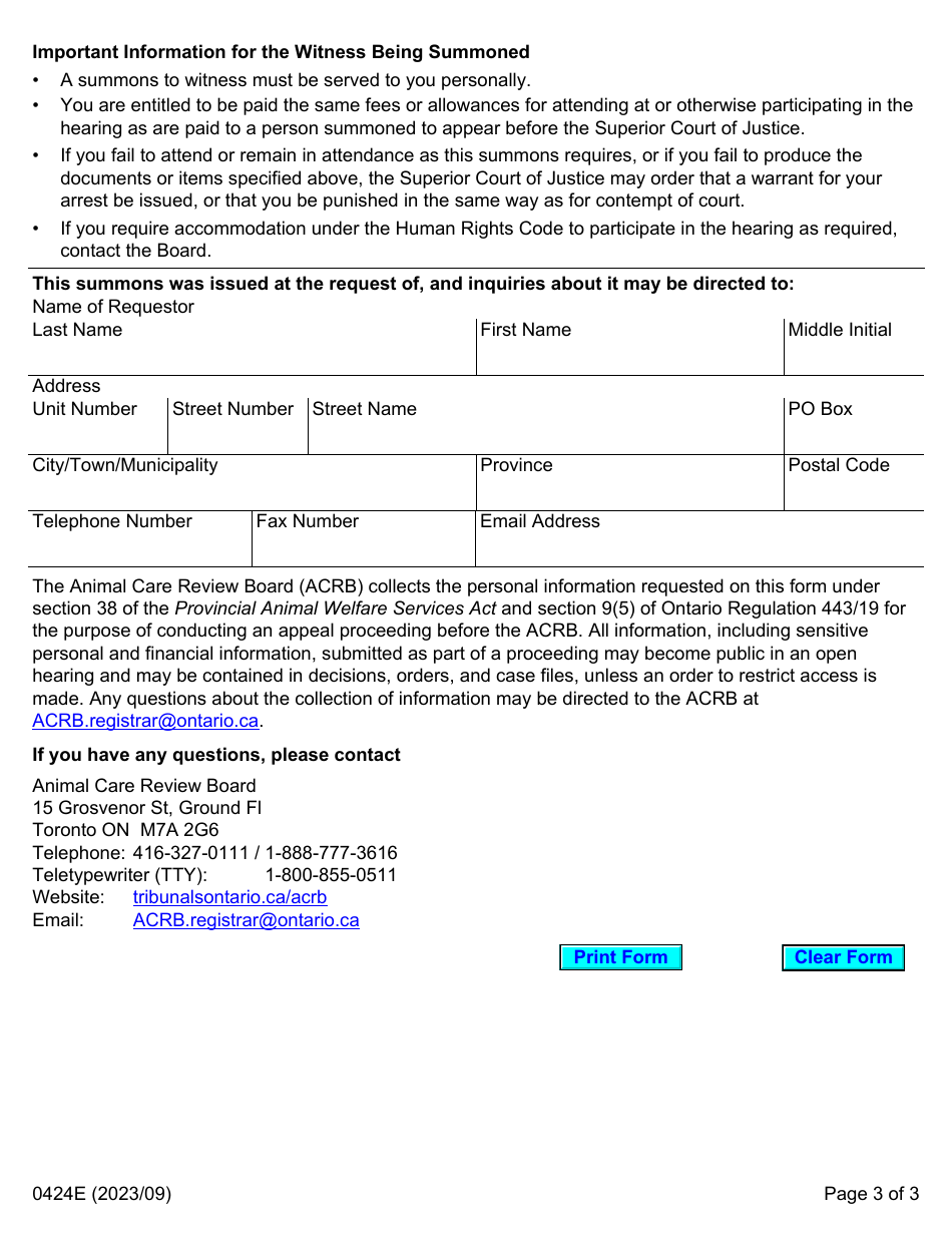 Form 0424E Summons to a Witness - Ontario, Canada, Page 3