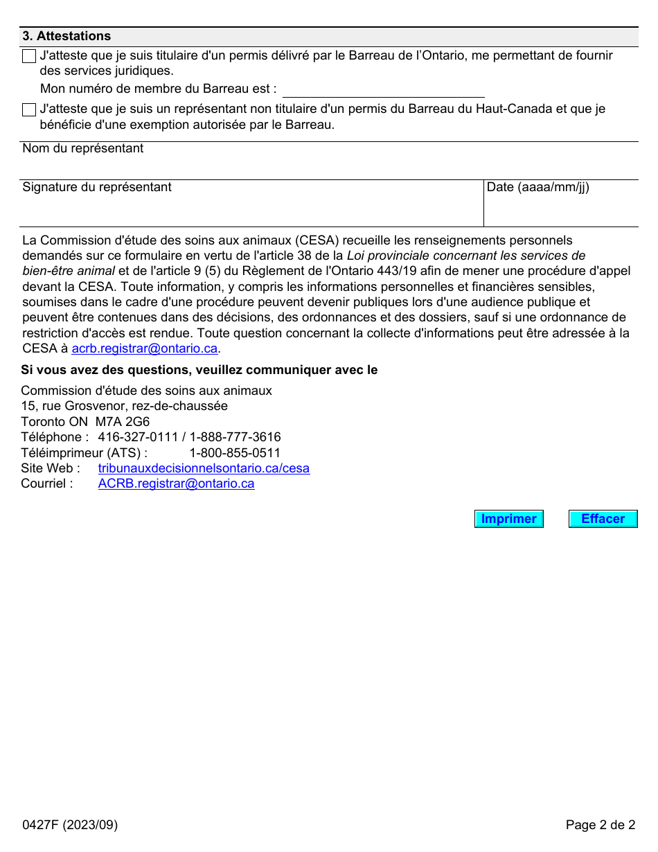 Forme 0427F Declaration Du Representant - Ontario, Canada (French), Page 2