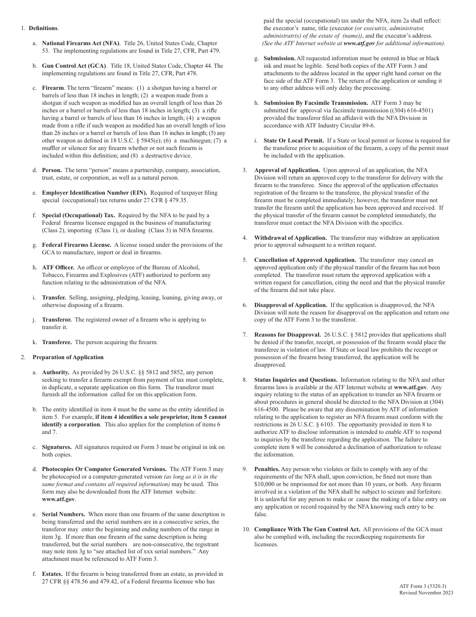 ATF Form 3 (5320.3) Application for Tax-Exempt Transfer of Firearm and Registration to Special Occupational Taxpayer (National Firearms Act), Page 5