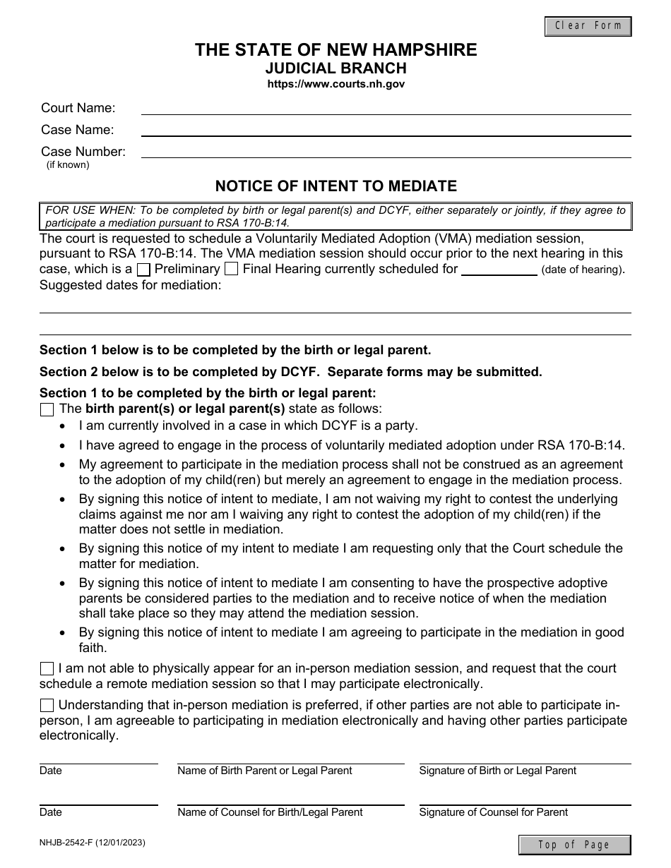 Form NHJB-2542-F Notice of Intent to Mediate - New Hampshire, Page 1