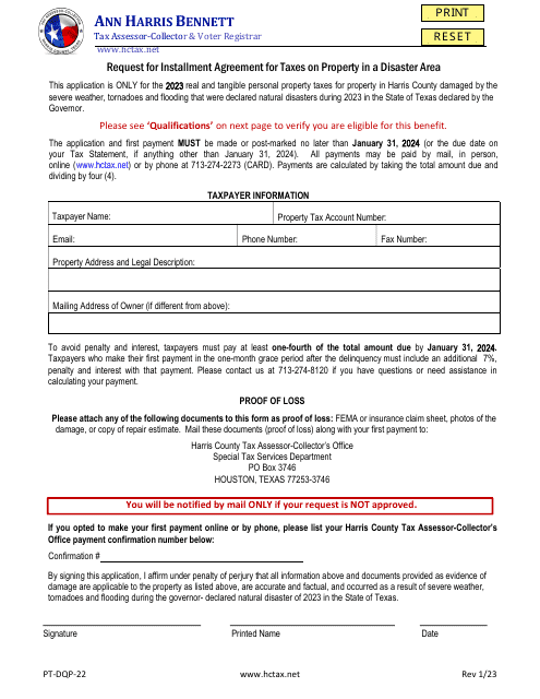 Form PT-DQP-22 Request for Installment Agreement for Taxes on Property in a Disaster Area - Harris County, Texas, 2023