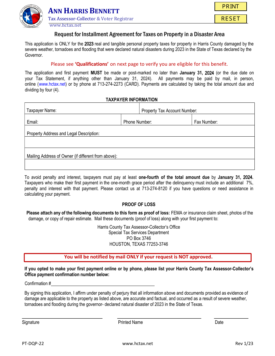 Form PT-DQP-22 Request for Installment Agreement for Taxes on Property in a Disaster Area - Harris County, Texas, Page 1