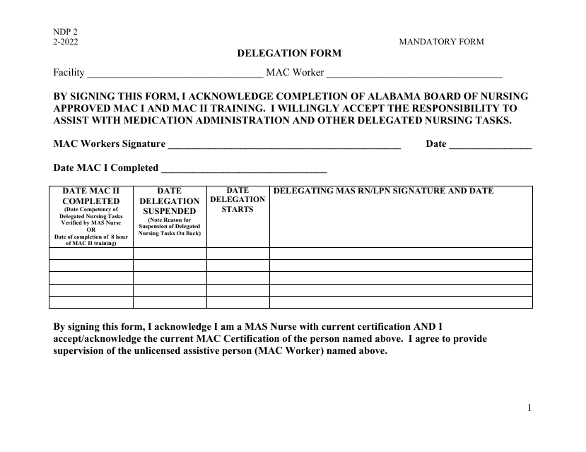 Form NDP2 Delegation Form - Alabama