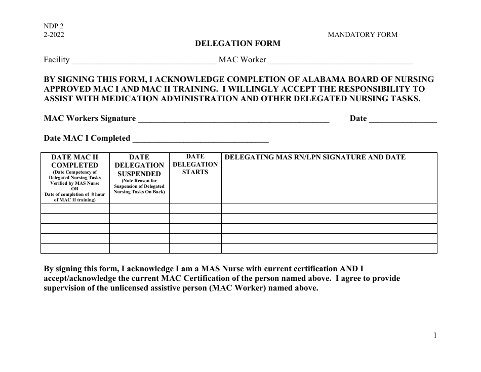 Form NDP2 Delegation Form - Alabama, Page 1