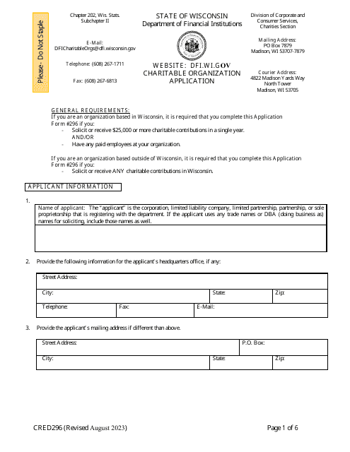 Form CRED296 Charitable Organization Application - Wisconsin