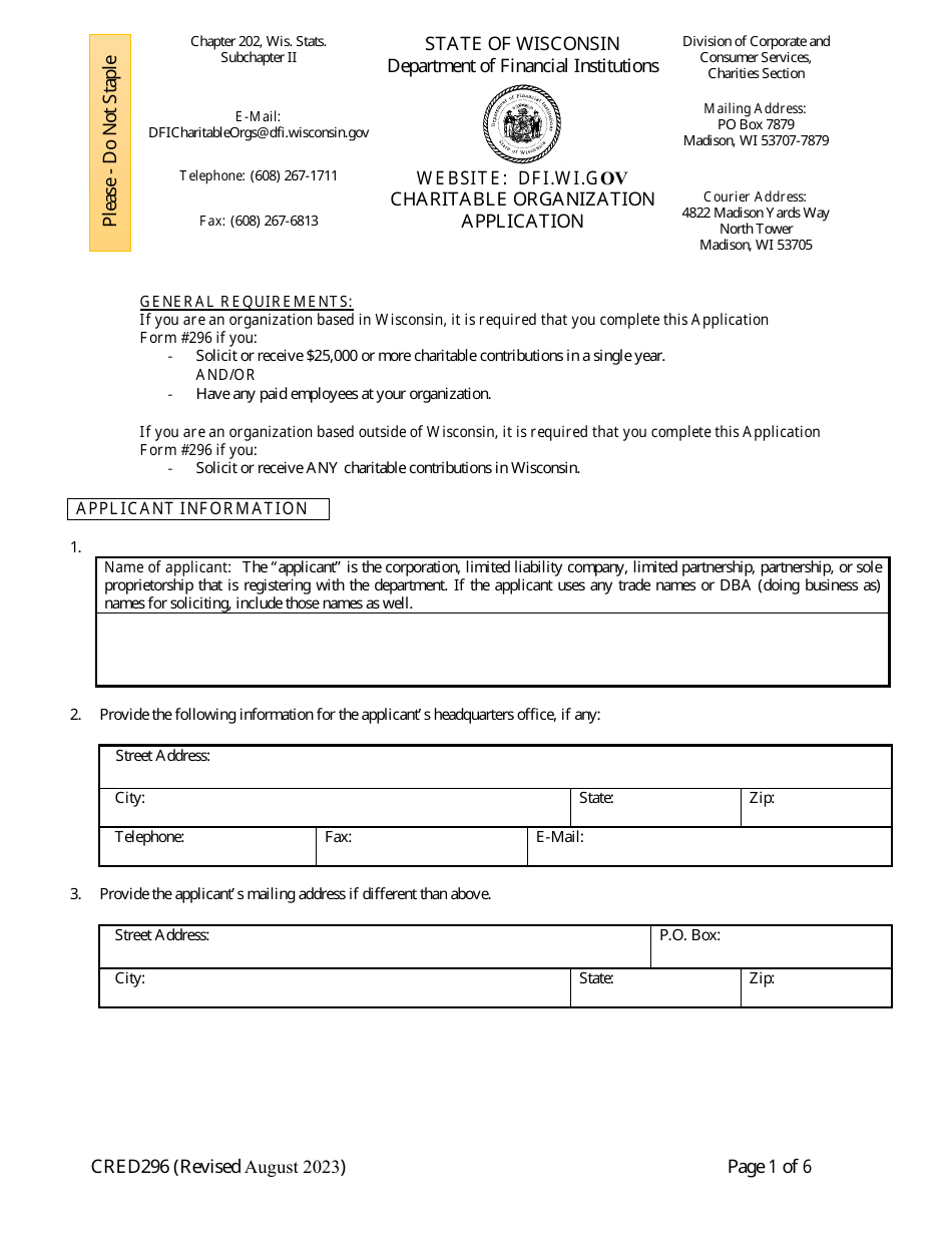 Form CRED296 Charitable Organization Application - Wisconsin, Page 1