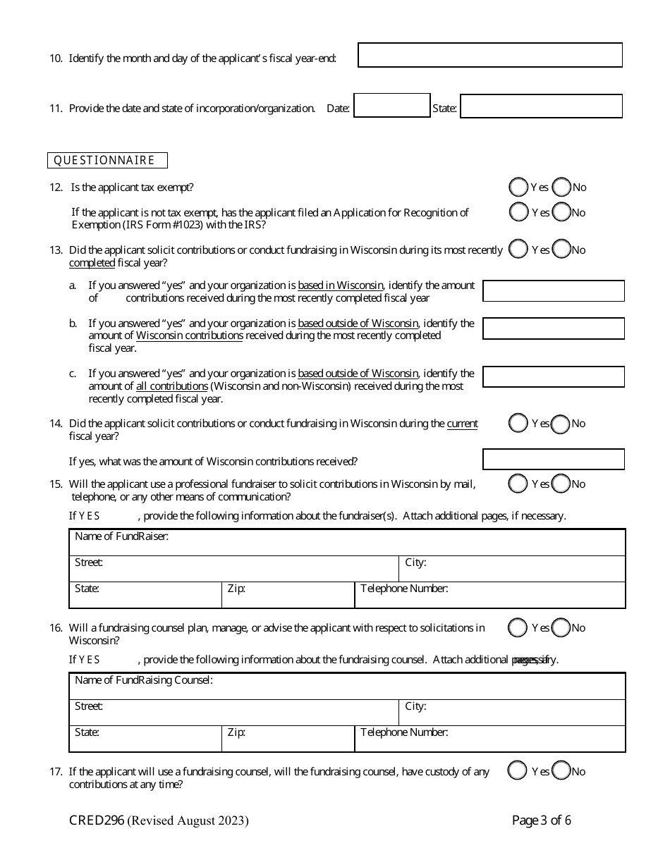 Form CRED296 Charitable Organization Application - Wisconsin, Page 3