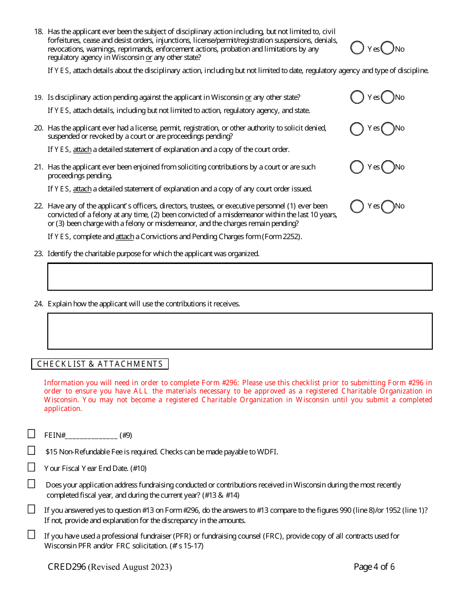 Form CRED296 Charitable Organization Application - Wisconsin, Page 4