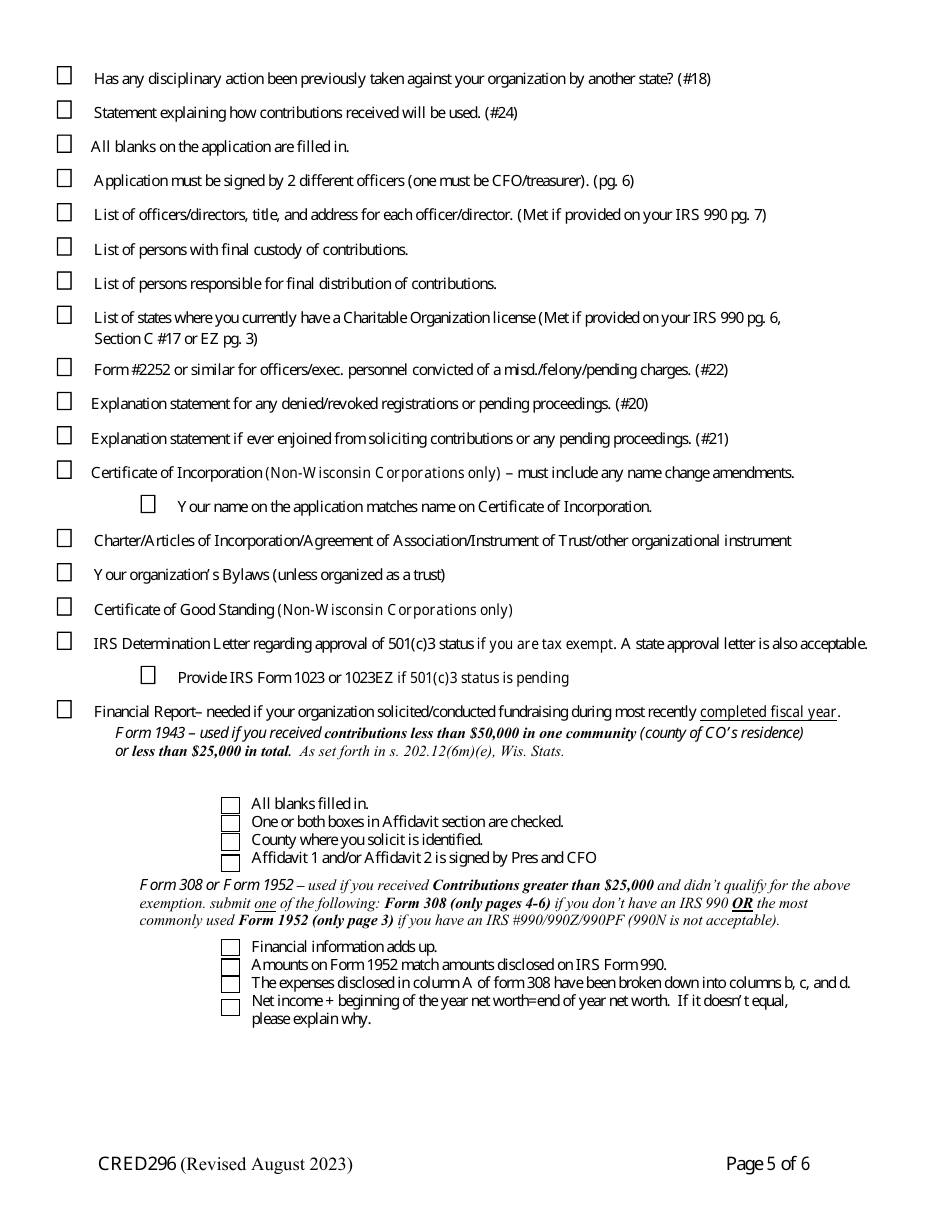 Form CRED296 Charitable Organization Application - Wisconsin, Page 5