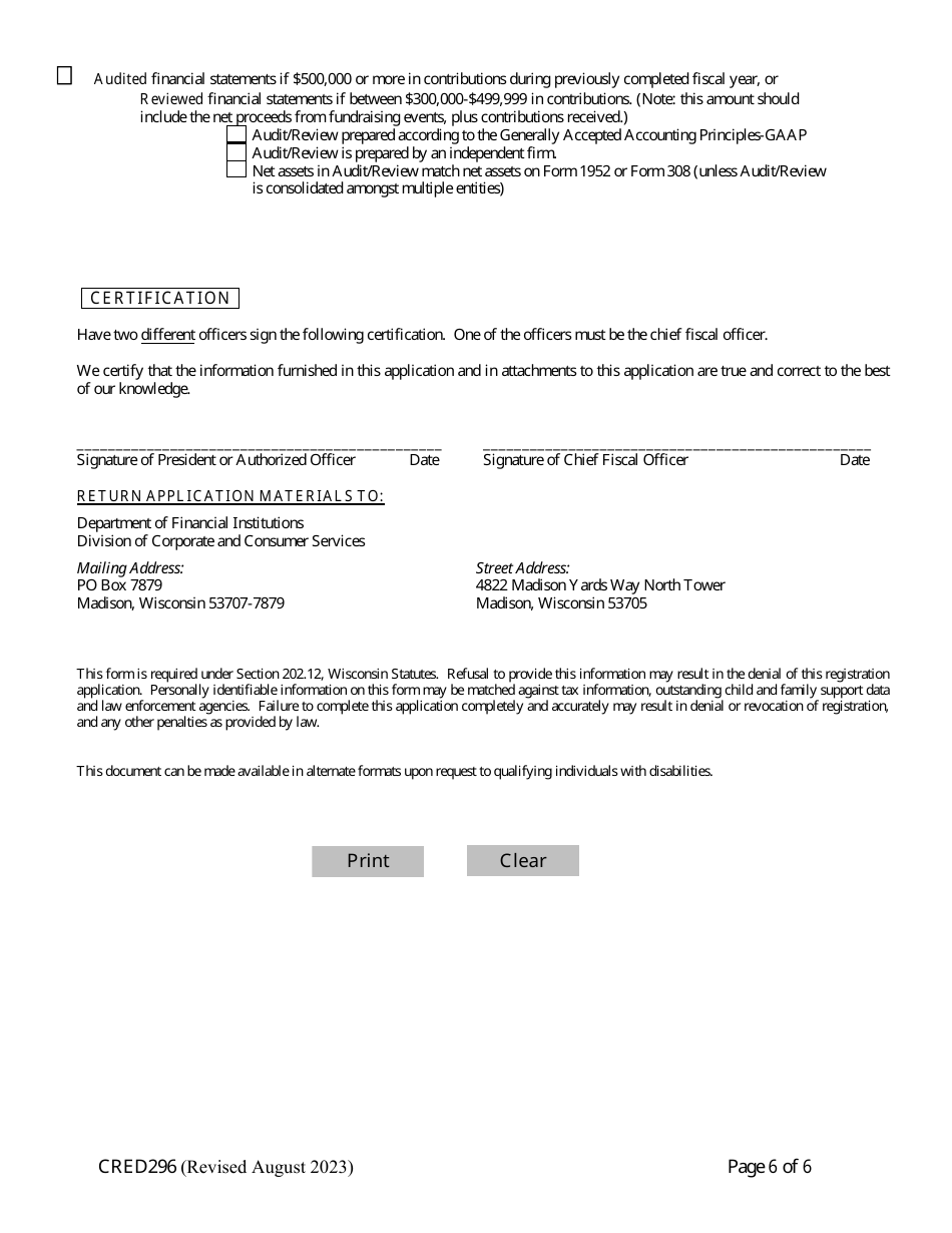 Form CRED296 Charitable Organization Application - Wisconsin, Page 6