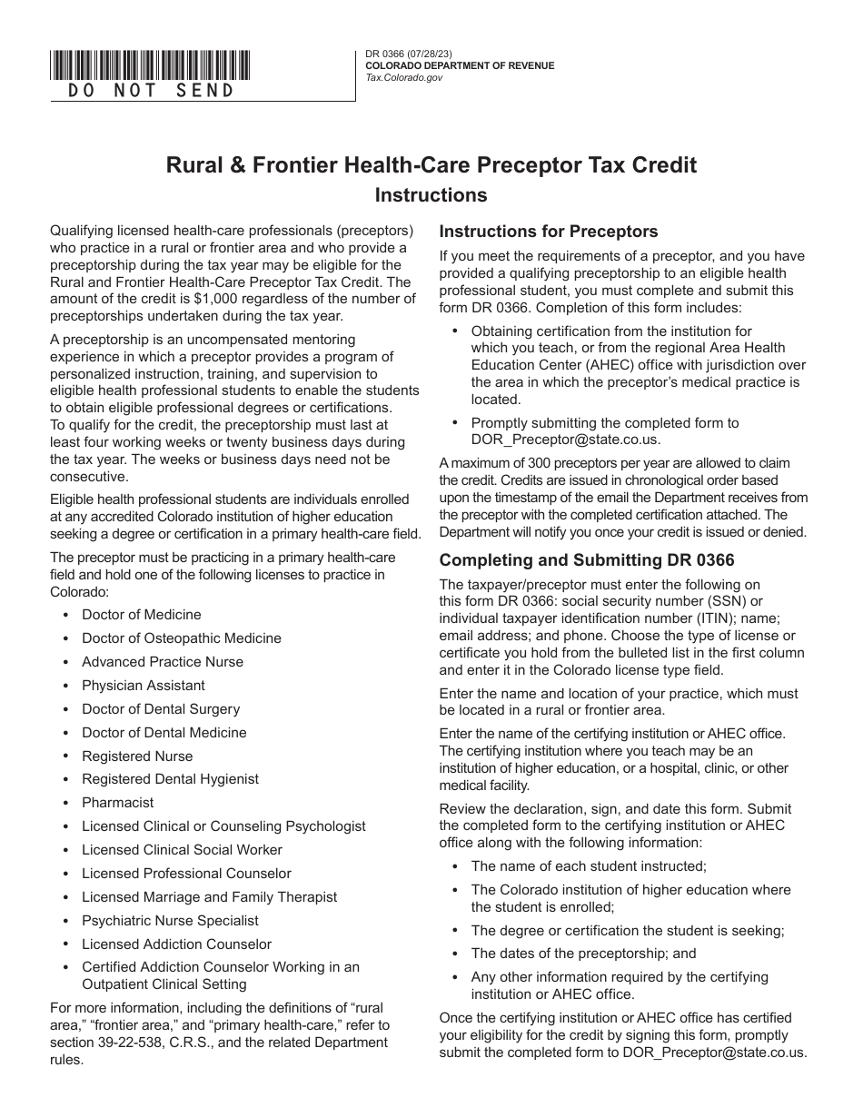 Form DR0366 Rural  Frontier Health-Care Preceptor Tax Credit - Colorado, Page 1