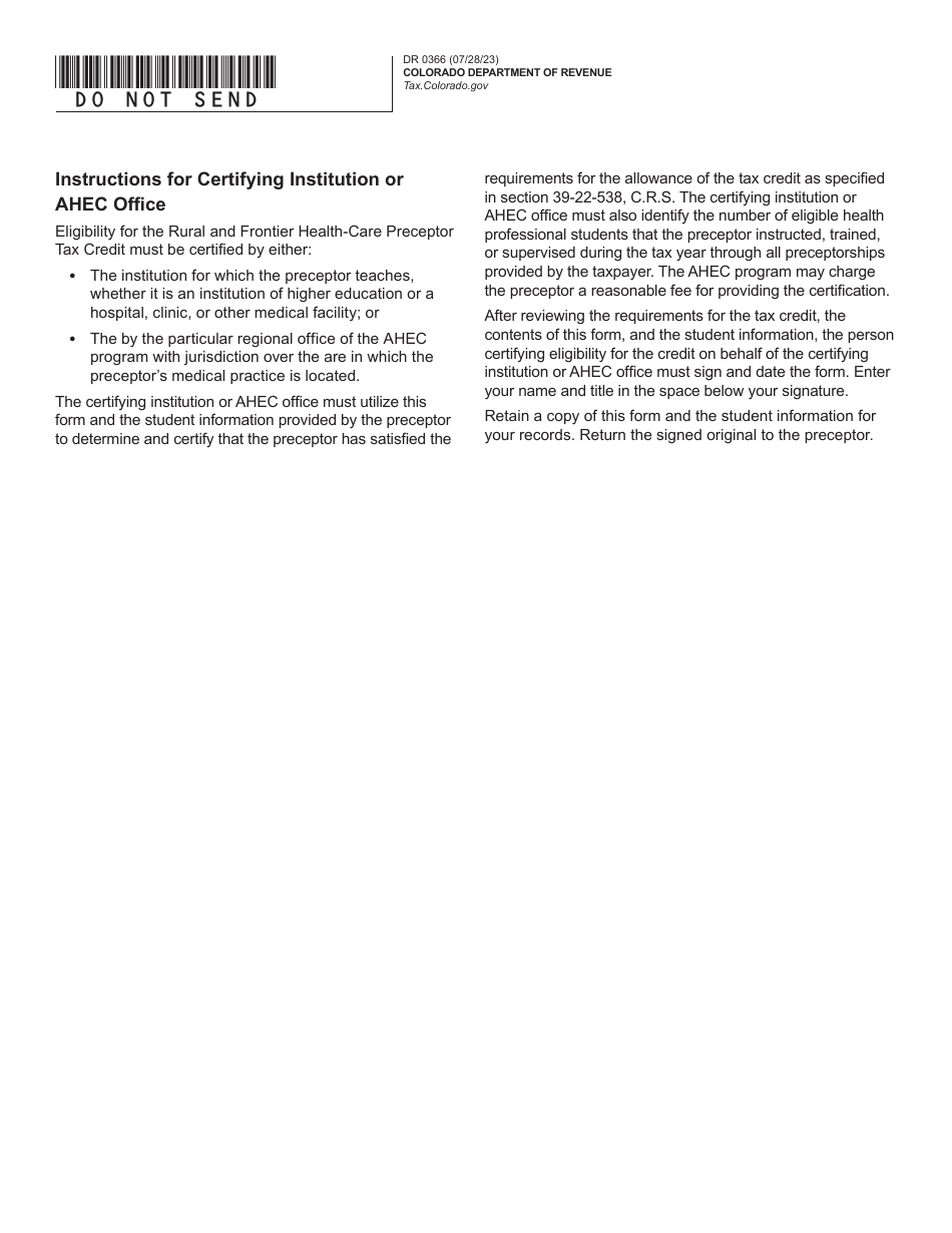Form DR0366 Rural  Frontier Health-Care Preceptor Tax Credit - Colorado, Page 2