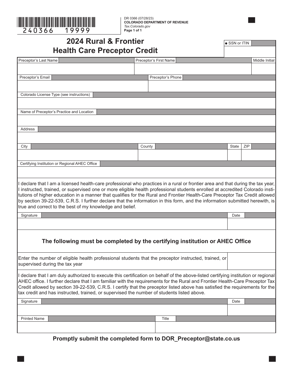Form DR0366 Rural  Frontier Health-Care Preceptor Tax Credit - Colorado, Page 3