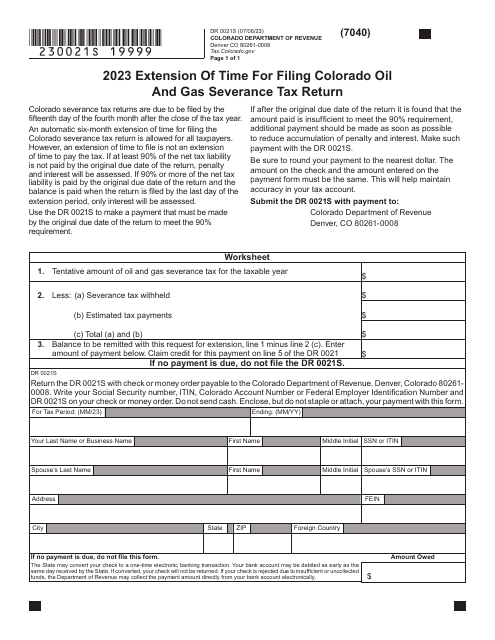 Form DR0021S Extension of Time for Filing Colorado Oil and Gas Severance Tax Return - Colorado, 2023