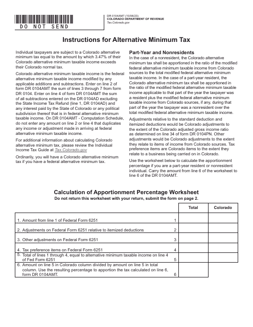 Form DR0104AMT Alternative Minimum Tax Computation Schedule - Colorado, 2023