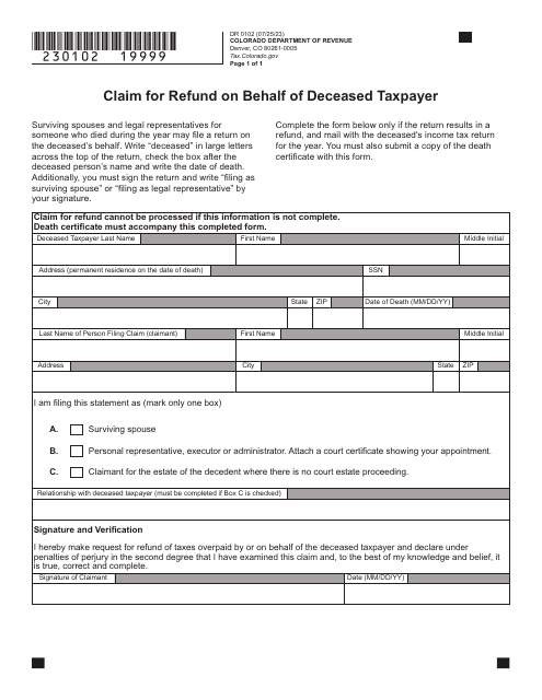 Form DR0102 Claim for Refund on Behalf of Deceased Taxpayer - Colorado