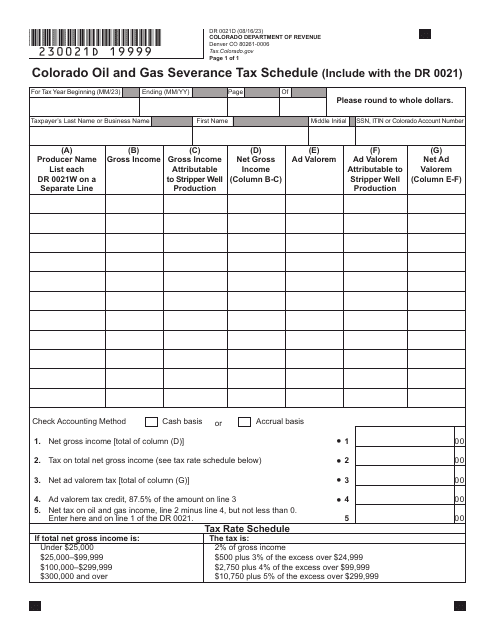 Form DR0021D Colorado Oil and Gas Severance Tax Schedule - Colorado