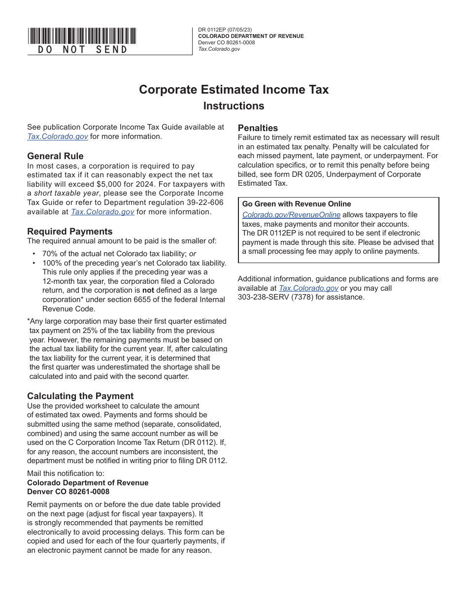 Form DR0112EP Corporate Estimated Tax Payment Form - Colorado, Page 1
