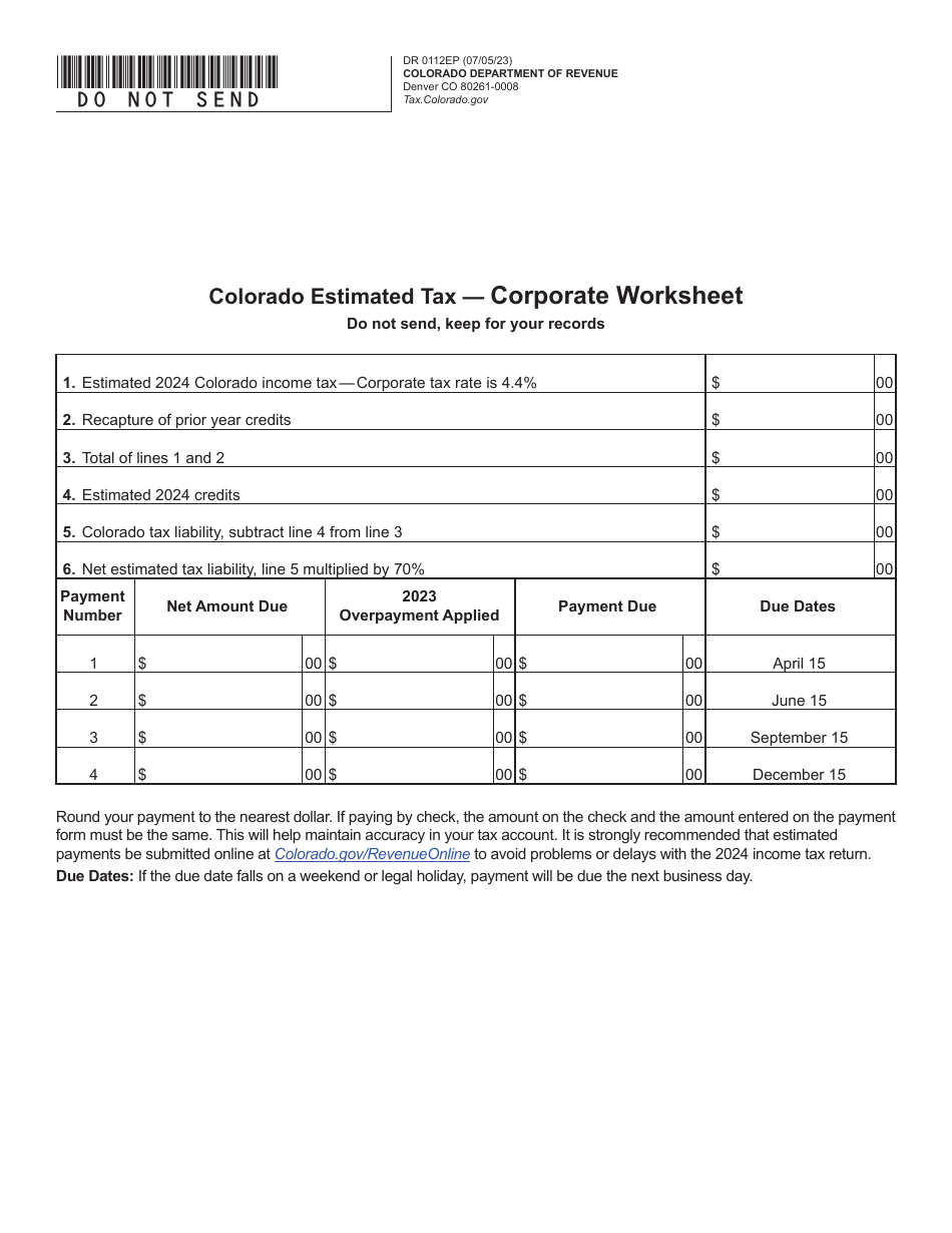 Form DR0112EP Corporate Estimated Tax Payment Form - Colorado, Page 2