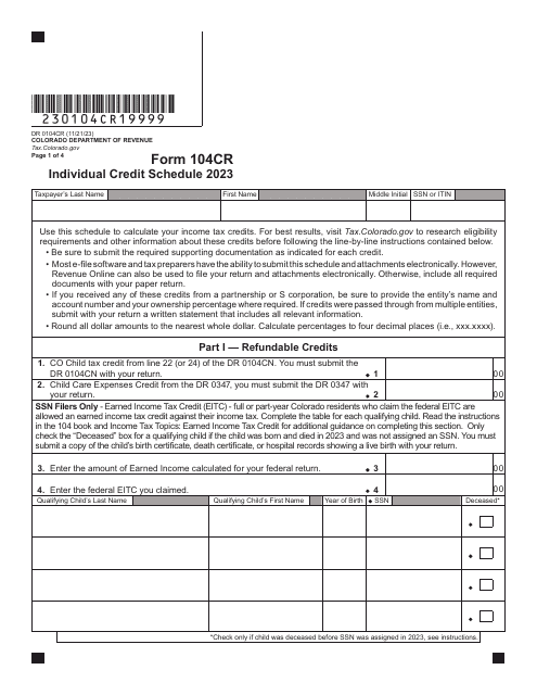 Form DR0104CR Individual Income Tax Credit Schedule - Colorado, 2023