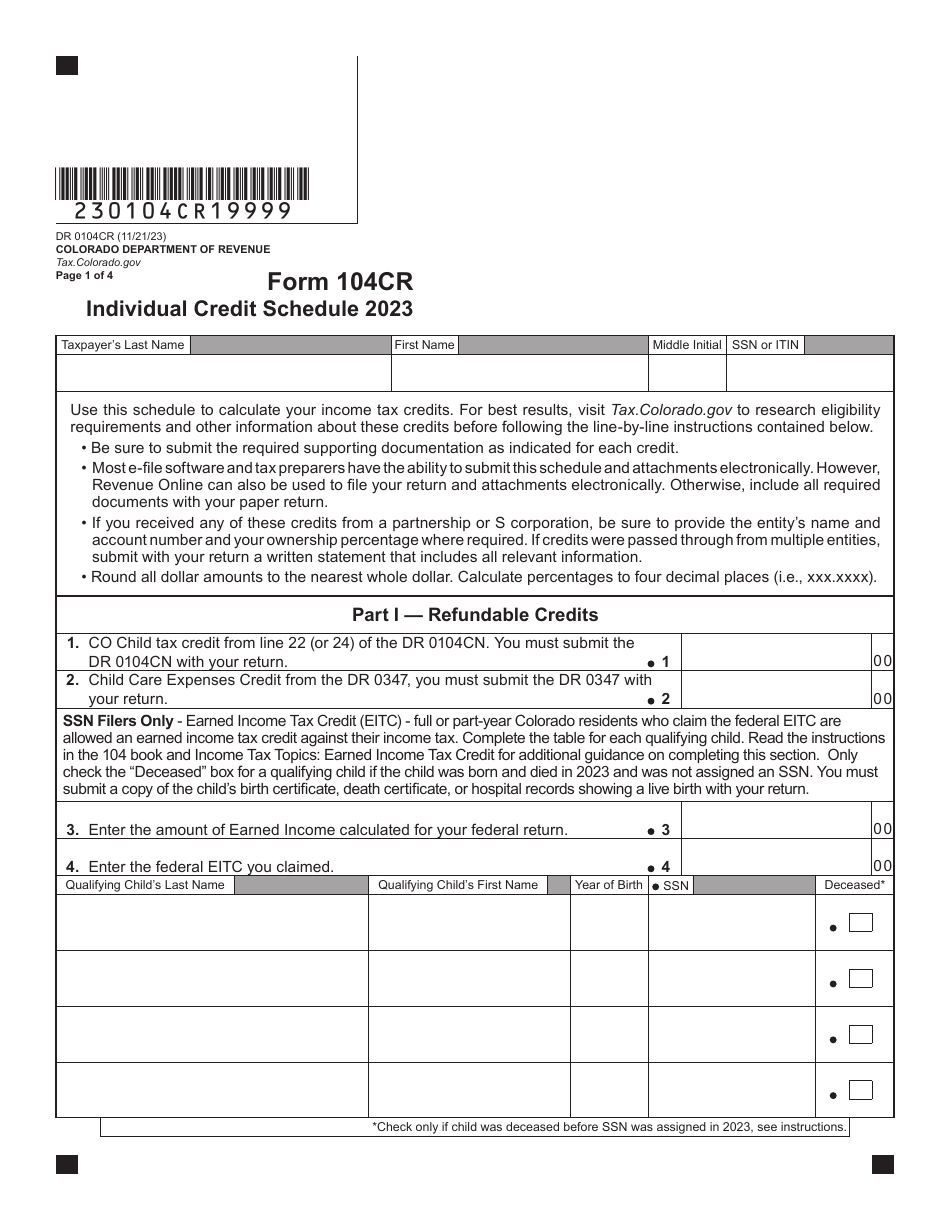 Form DR0104CR Individual Income Tax Credit Schedule - Colorado, Page 1