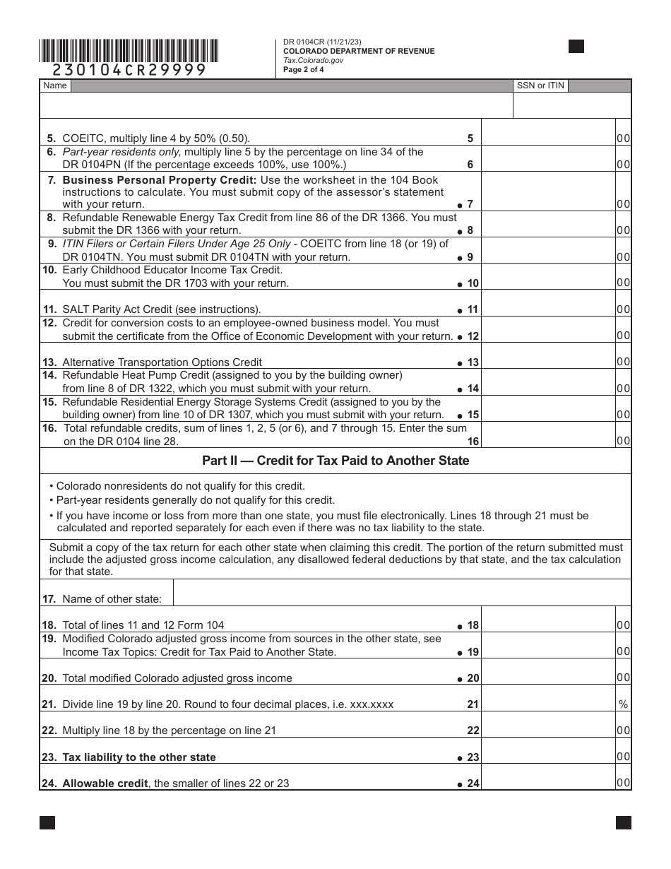 Form DR0104CR Individual Income Tax Credit Schedule - Colorado, Page 2
