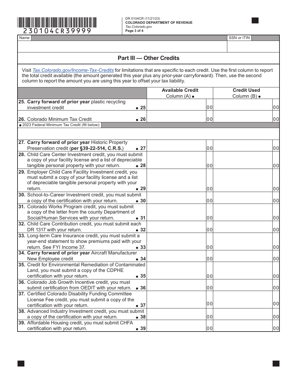 Form DR0104CR Individual Income Tax Credit Schedule - Colorado, Page 3