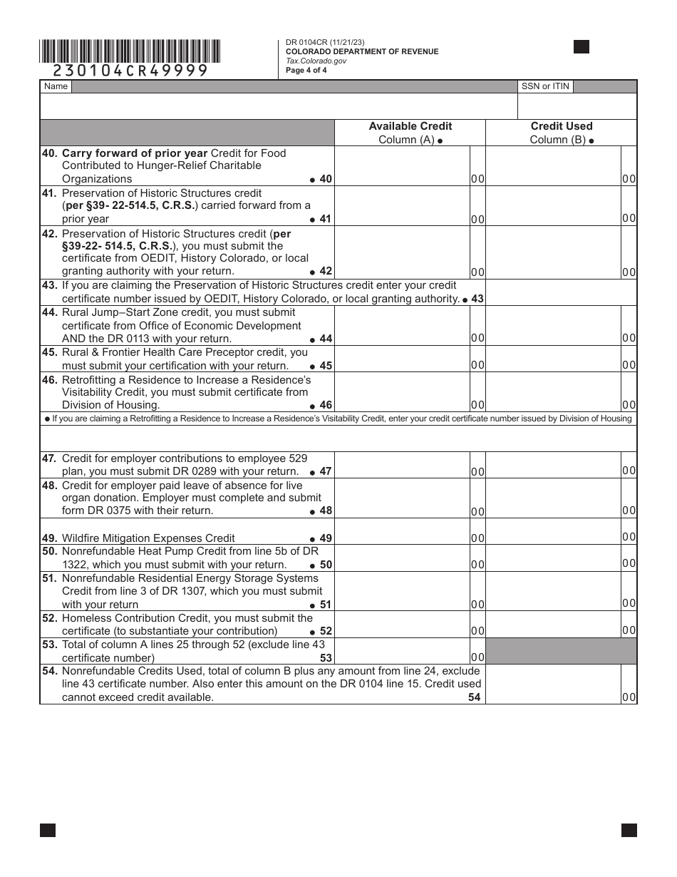 Form DR0104CR Individual Income Tax Credit Schedule - Colorado, Page 4